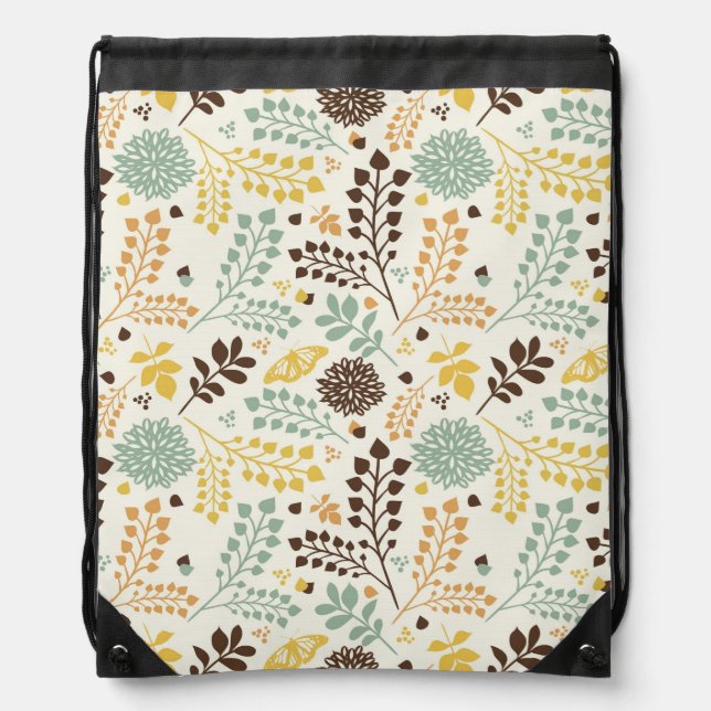 Floral pattern: leaves, flowers and butterfly drawstring bag (Front)