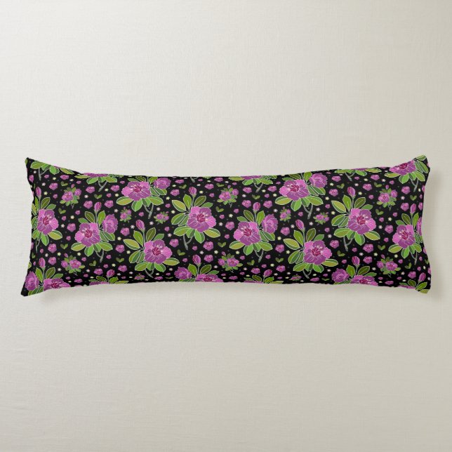 Floral Pattern Lilac Pink Green Black Body Pillow (Front)
