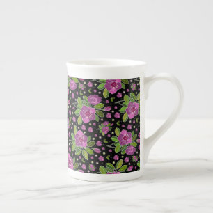 Floral Pattern Lilac Pink Green Black Bone China Mug