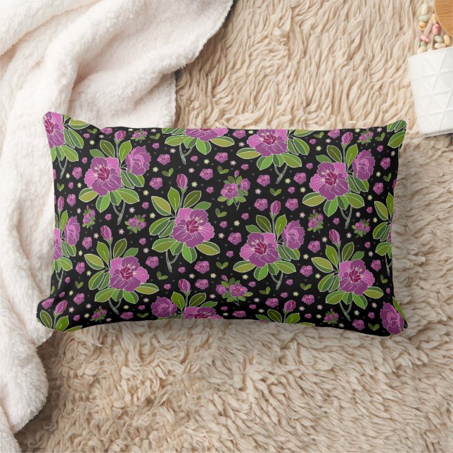Floral Pattern Lilac Pink Green Black Lumbar Pillow (Blanket)
