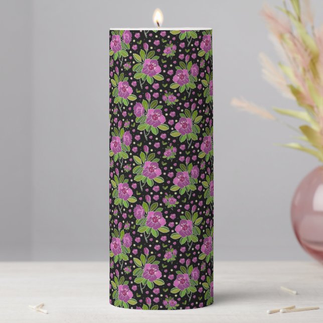 Floral Pattern Lilac Pink Green Black Pillar Candle (In Situ)