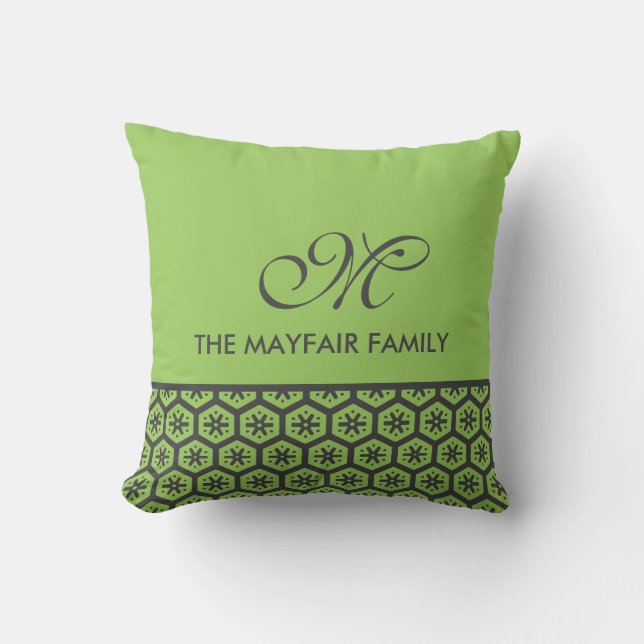Floral Pattern Lime Green Gray Family Monogram Throw Pillow (Front)
