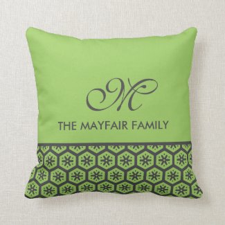 Floral Pattern Lime Green Gray Family Monogram Throw Pillow