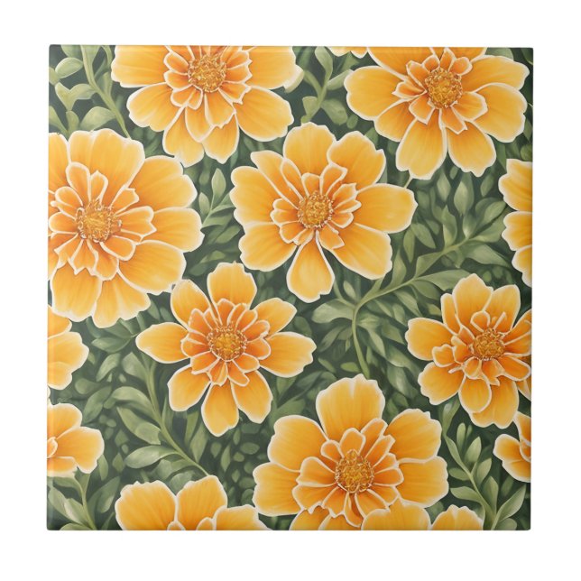 Floral Pattern Marigold Flowers Ceramic Tile (Front)