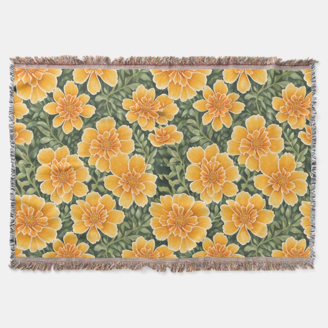 Floral Pattern Marigold Flowers Throw Blanket (Front)