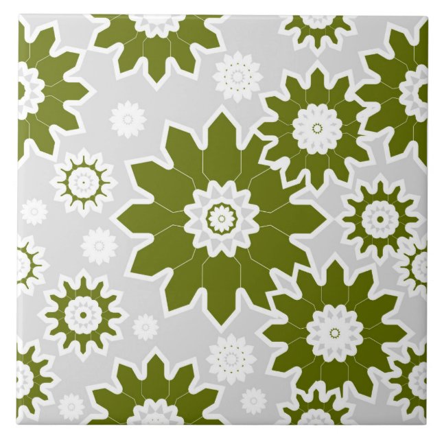 Floral pattern, modern design, olive green, white ceramic tile (Front)