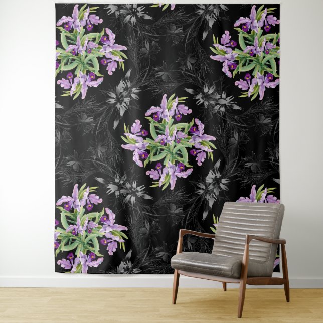 Floral Pattern Monochrome Cornflowers Orchid  Tapestry (In Situ)