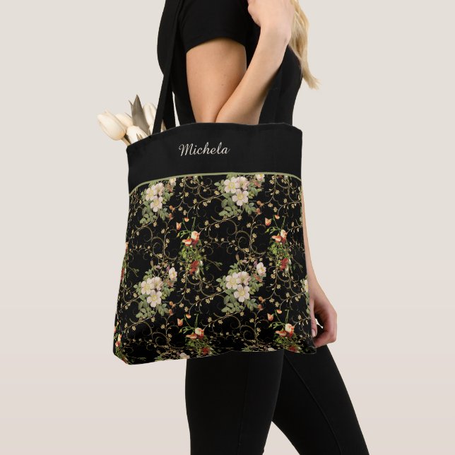 Floral Pattern Monogrammed Tote Bag (Close Up)