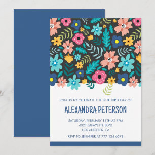 Floral Pattern Navy blue 38th birthday Invitation