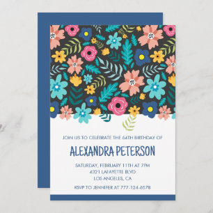 Floral Pattern Navy blue 64th birthday Invitation