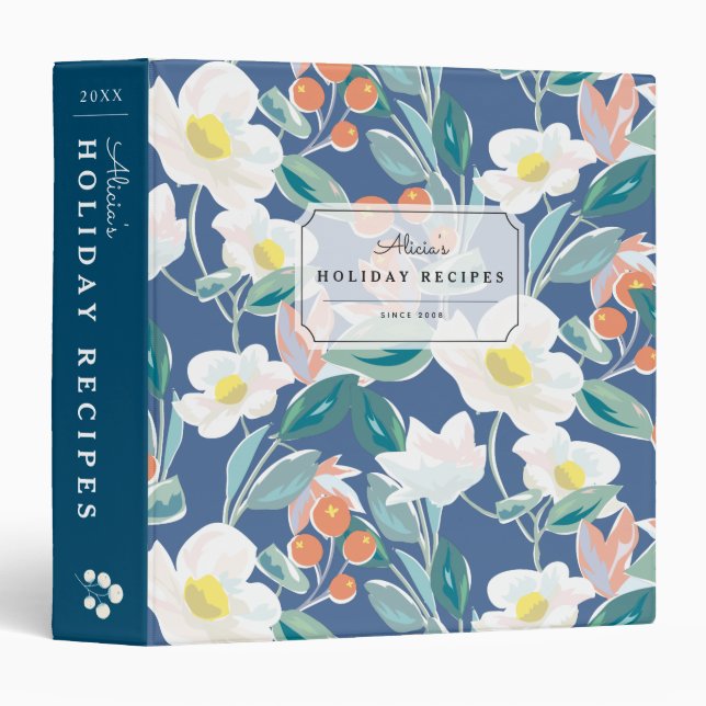 Floral Pattern Navy Blue Recipe Binder Book (Front/Spine)