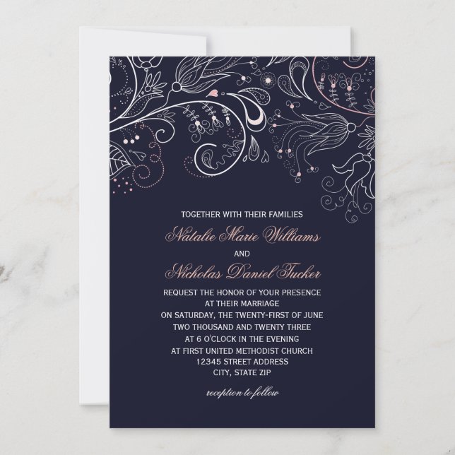 Floral Pattern Navy Tulip - Wedding Invitation (Front)