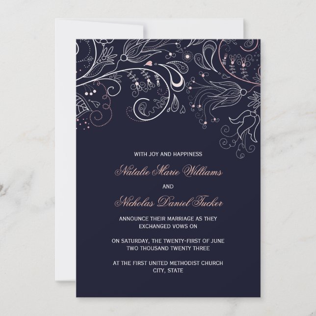 Floral Pattern Navy w/Tulip- Wedding Announcement (Front)