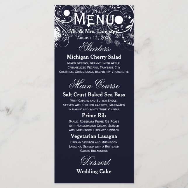 Floral Pattern Navy/White - Reception Menu (Front)