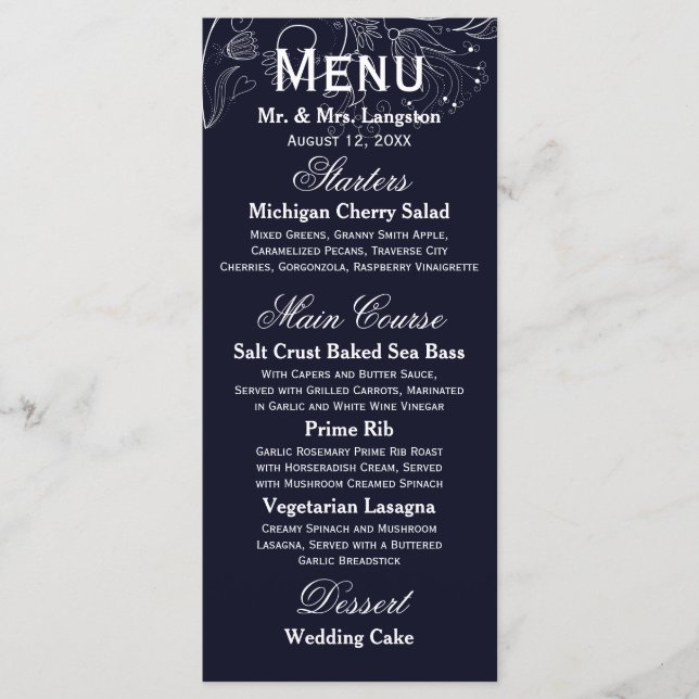 Floral Pattern Navy/White Tulip - Reception Menu (Front)