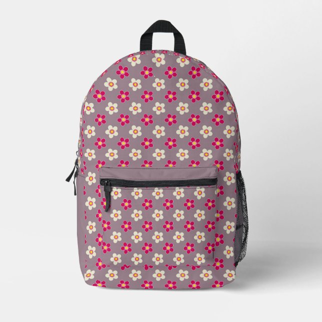 Floral pattern of crimson and white flowers on a c printed backpack (Front)