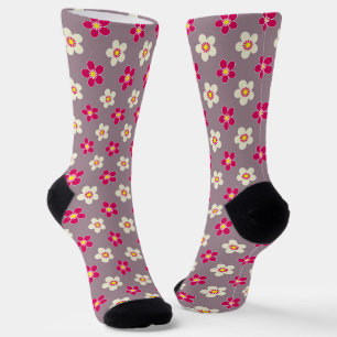 Floral pattern of crimson and white flowers on a c socks