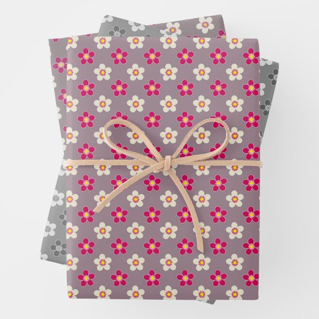 Floral pattern of crimson and white flowers on a c wrapping paper sheets (In situ)