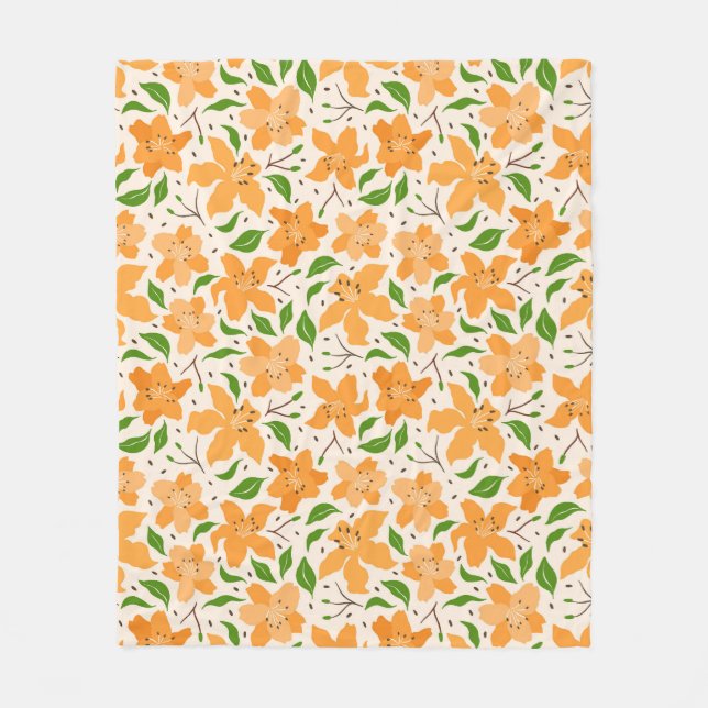 floral pattern of orange lilies and green leaves fleece blanket (Front)