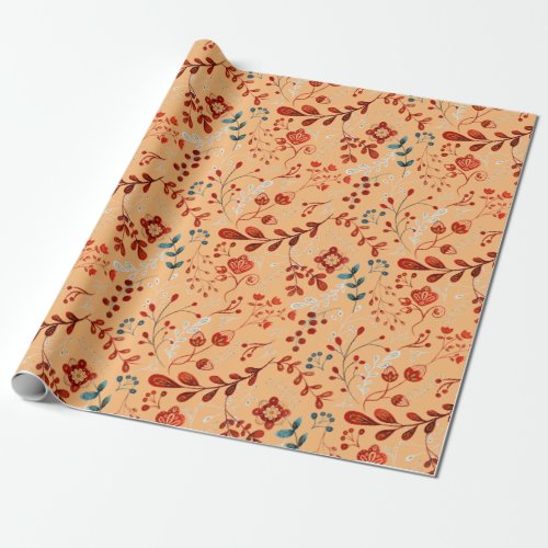 Floral Pattern Of Red Blue Plants On Brown Wrapping Paper