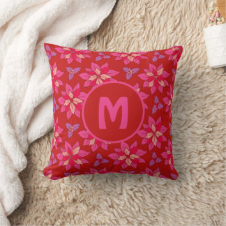  Floral pattern of red poinsettia with Monogram. Throw Pillow