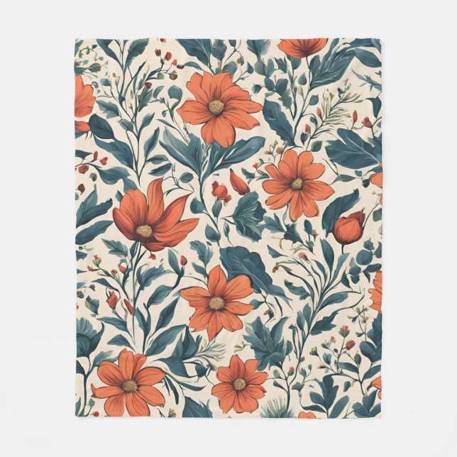 Floral Pattern of Vibrant Orange Flowers Fleece Blanket (Front)