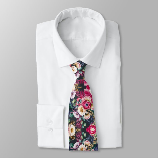Floral pattern on a dark background neck tie (Tied)