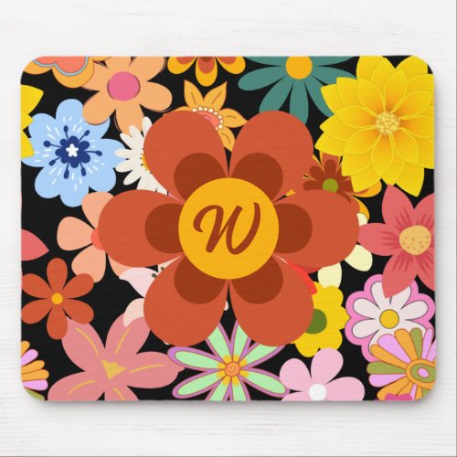 Floral Pattern On Black Background Mouse Pad