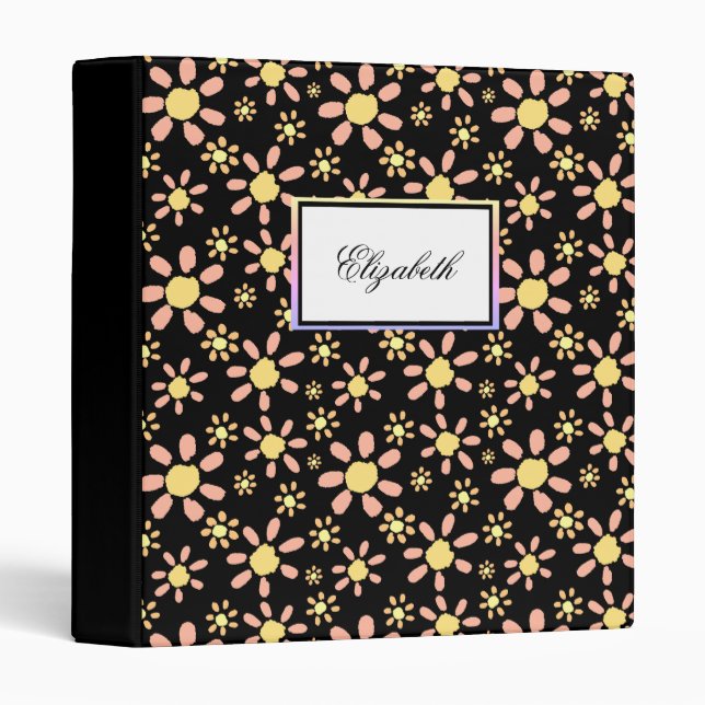 Floral Pattern on Black Trendy Stylish 3 Ring Binder (Front/Spine)