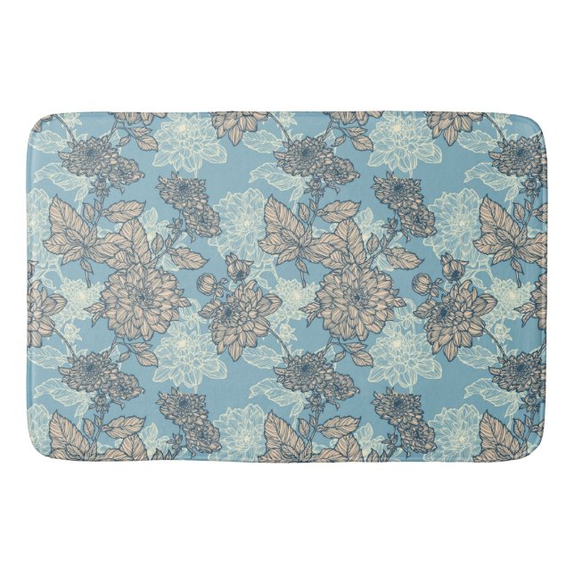 Floral Pattern on Blue Background   Bath Mat (Front)