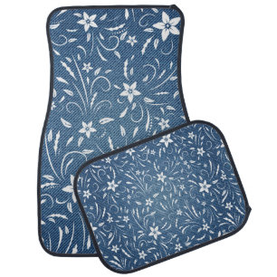 Floral pattern on denim car floor mat