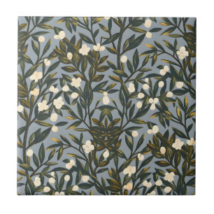 Floral pattern on dusty blue-gray background ceramic tile