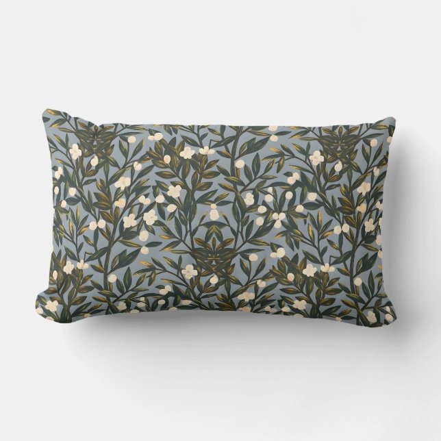 Floral pattern on  dusty blue-gray background lumbar pillow (Front)