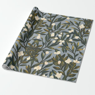 Floral pattern on  dusty blue-gray background wrapping paper