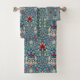 Floral pattern on green leaves blue background bath towel set