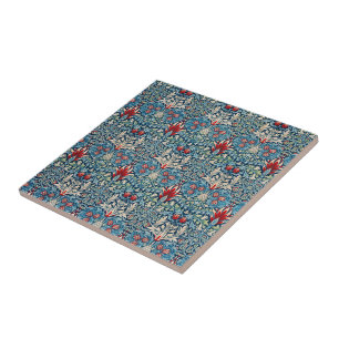Floral pattern on green leaves blue background ceramic tile