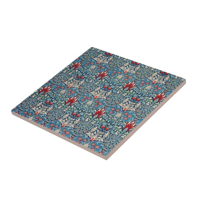 Floral pattern on green leaves blue background ceramic tile (Side)