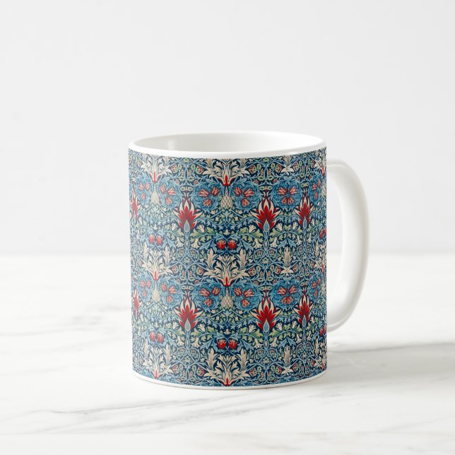 Floral pattern on green leaves blue background coffee mug (Front Right)