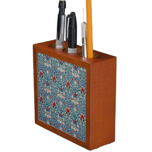 Floral pattern on green leaves blue background desk organizer