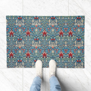 Floral pattern on green leaves blue background doormat