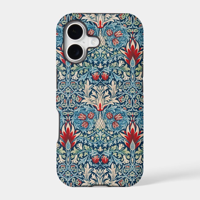 Floral pattern on green leaves blue background iPhone case (Back)