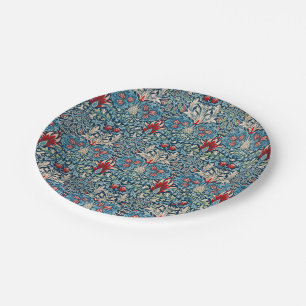 Floral pattern on green leaves blue background paper plates