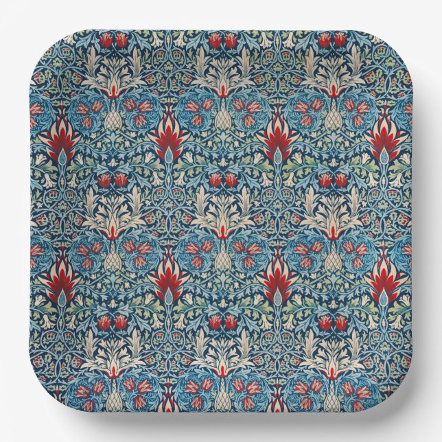 Floral pattern on green leaves blue background paper plates (Front)