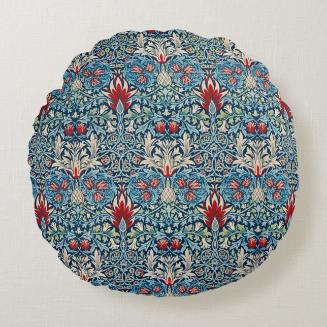 Floral pattern on green leaves blue background round pillow (Front)
