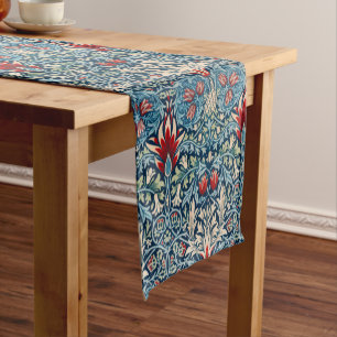 Floral pattern on green leaves blue background short table runner