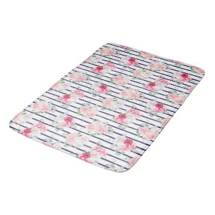 Floral Pattern on Horizontal Stripe Roses Peony   Bath Mat