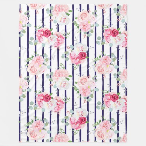 Floral Pattern on Horizontal Stripe Roses Peony    Fleece Blanket