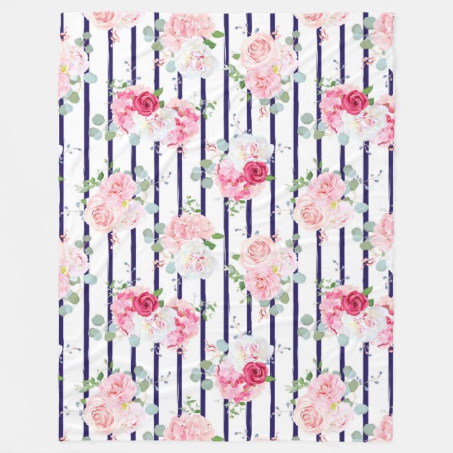 Floral Pattern on Horizontal Stripe Roses Peony    Fleece Blanket (Front)