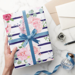 Floral Pattern on Horizontal Stripe Roses Peony Wrapping Paper