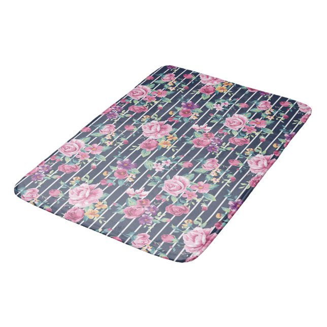 Floral Pattern on Stripe Roses Foliage Pink Purple Bath Mat (Angled)
